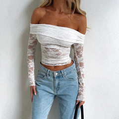 Elegant Women's Floral Lace Off-Shoulder Long Sleeve Crop Top