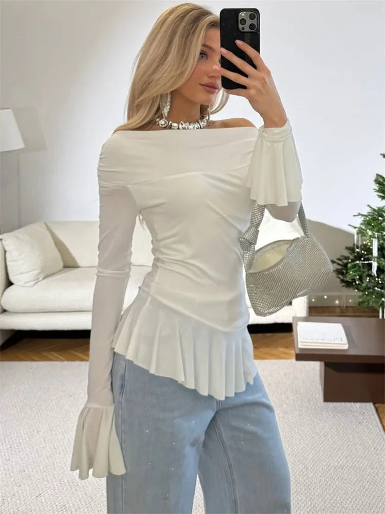 Women's White Ruffled Long Sleeve Backless Casual T-Shirt Top