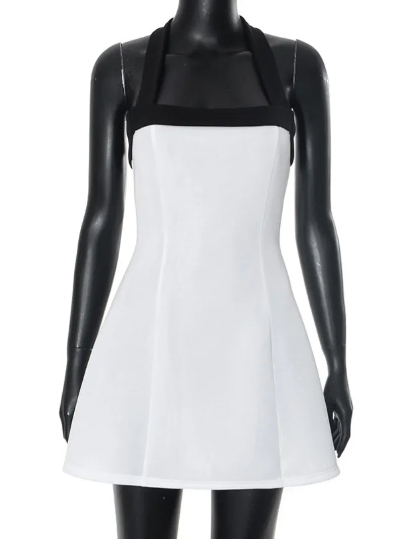 Elegant Halter Neck Black and White A-line Backless Dress
