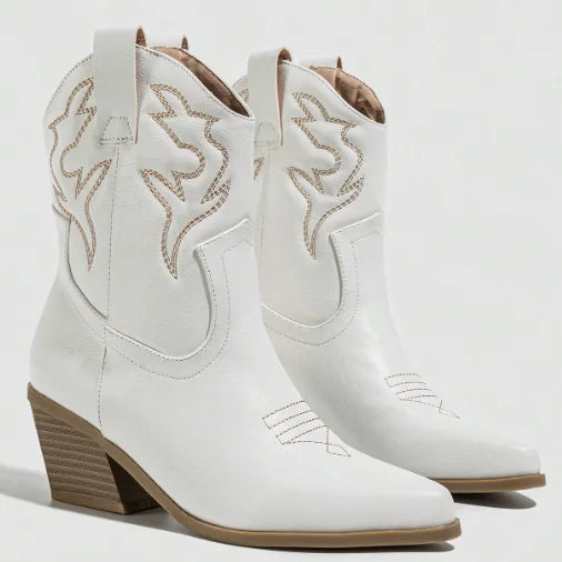 Women's White Embroidered Western Boots with Thick High Heels