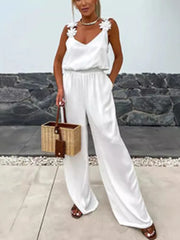 Women’s Spliced Appliques Casual Jumpsuit Square Collar Backless