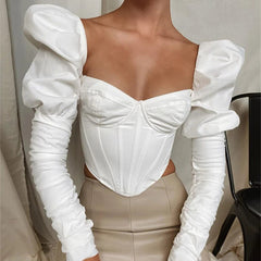 Elegant Romantic Irregular Cropped Corset Top with Puff Sleeves