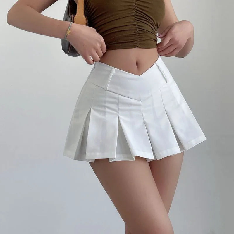 V Waist Pleated Skirts Women Summer High Waist A-Line Mini Skirt