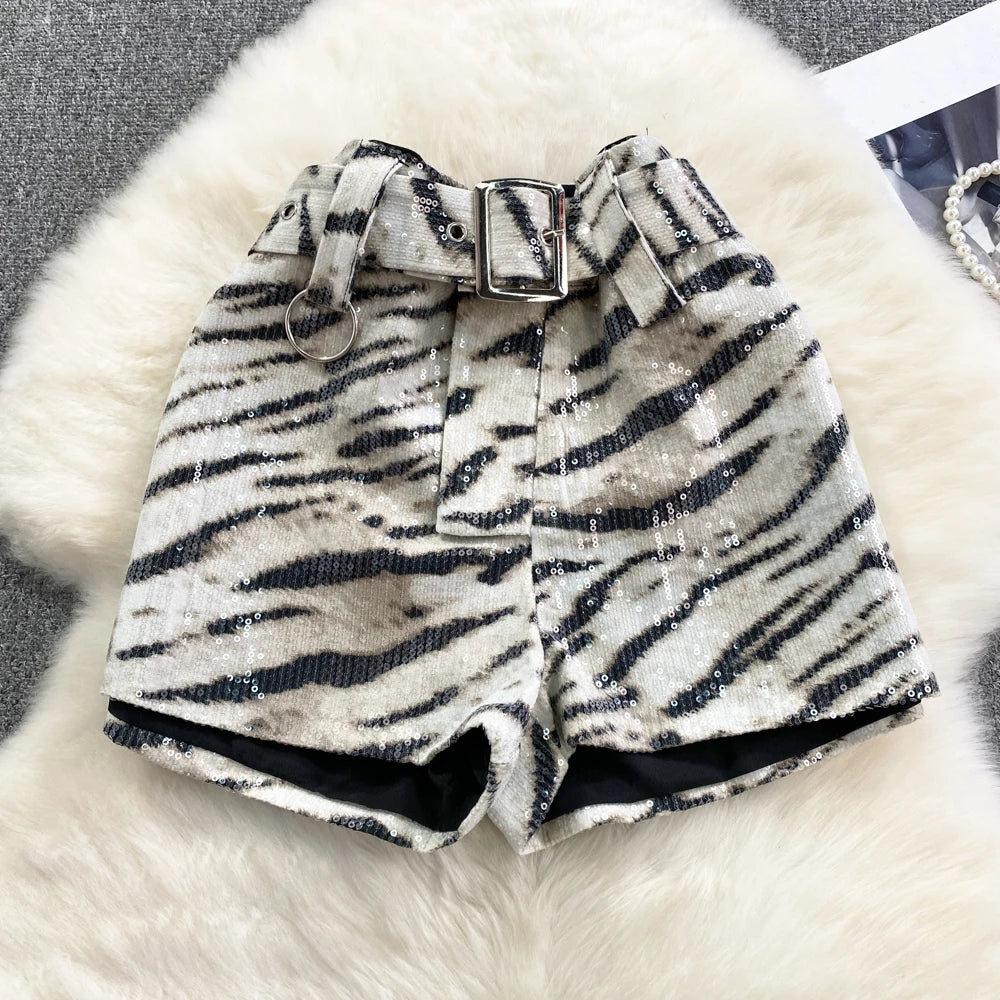 Winter Leopard Print High Waist Casual Wide Leg Thermal Shorts