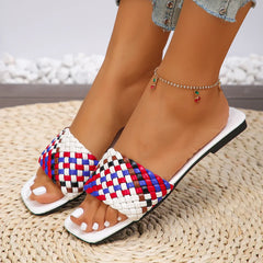 Women's Beach Mules Casual Braided Square Toe Flat Slippers