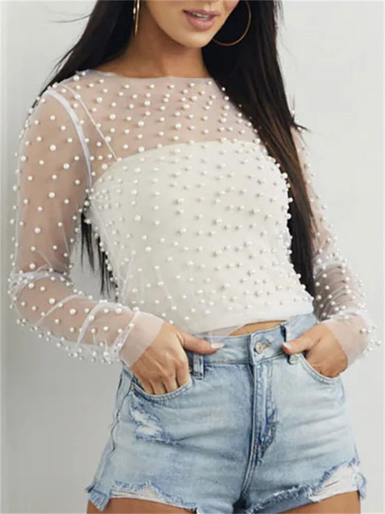 Elegant Sheer Lace Mesh Crop Top with Pearls for Women