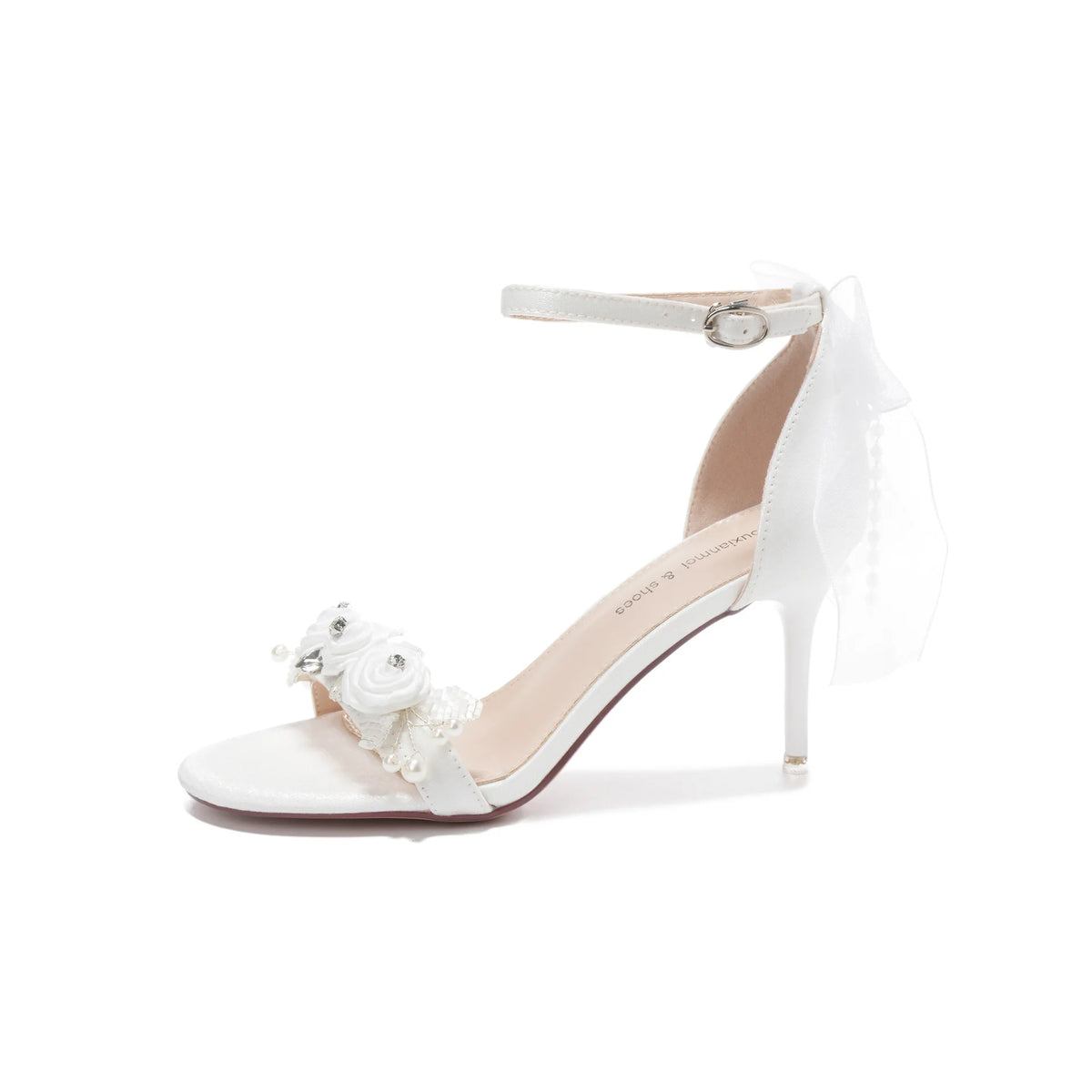 Women’s White Satin Stiletto High Heel Sandals with Rhinestone Bow