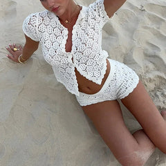 Women's Crochet Hollow Out Top and Shorts Set for Summer Beach