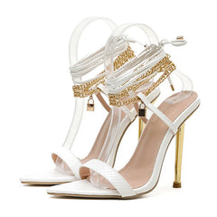 Women's Gold White High Heels 12CM Chain Ankle Strap Sandals