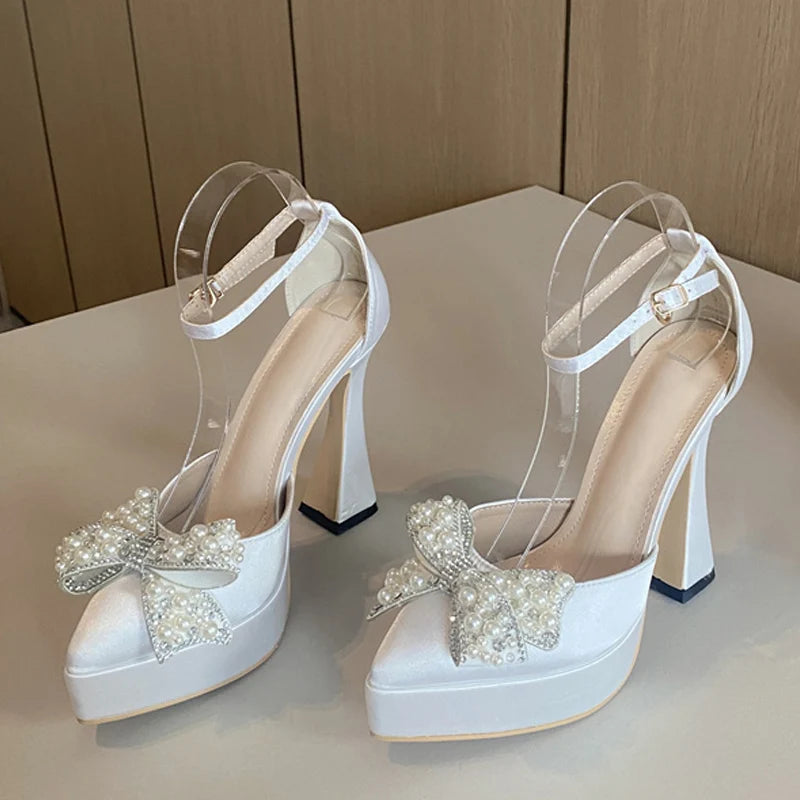 Women's White Pearl Bowknot High Heels Platform Sandals