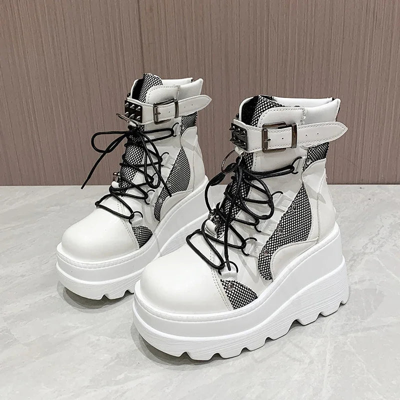 Women's Black Ankle Boots Platform Wedges High Heels Cosplay Shoes