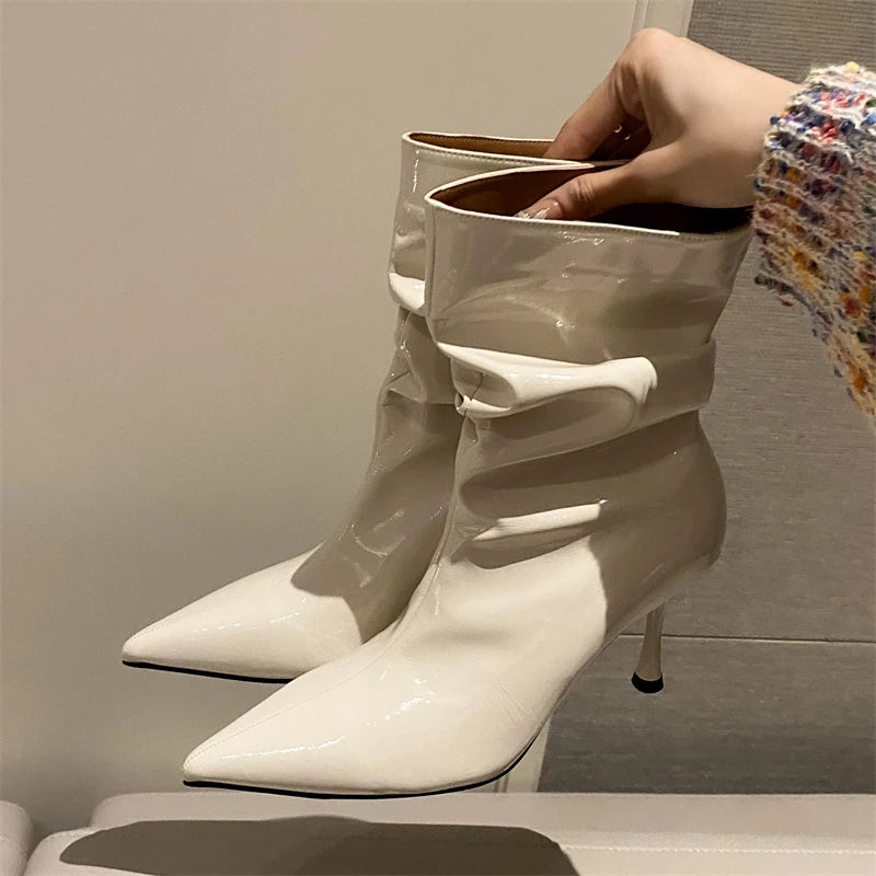 Bottines plissées en cuir verni pour femme avec fermeture éclair et talons hauts