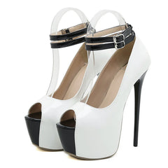 Women's White Double Buckle Strap Peep Toe Platform Heels