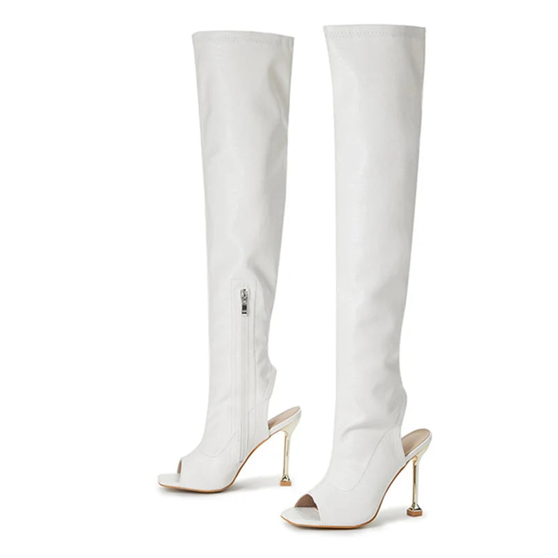 Spring Autumn Zip Metal Thin Heels Open Toe Leather Thigh High Boots