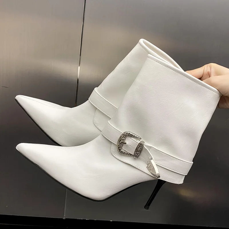 Crystal Belt Buckle Pointed Toe Black Ankle Boots for Women