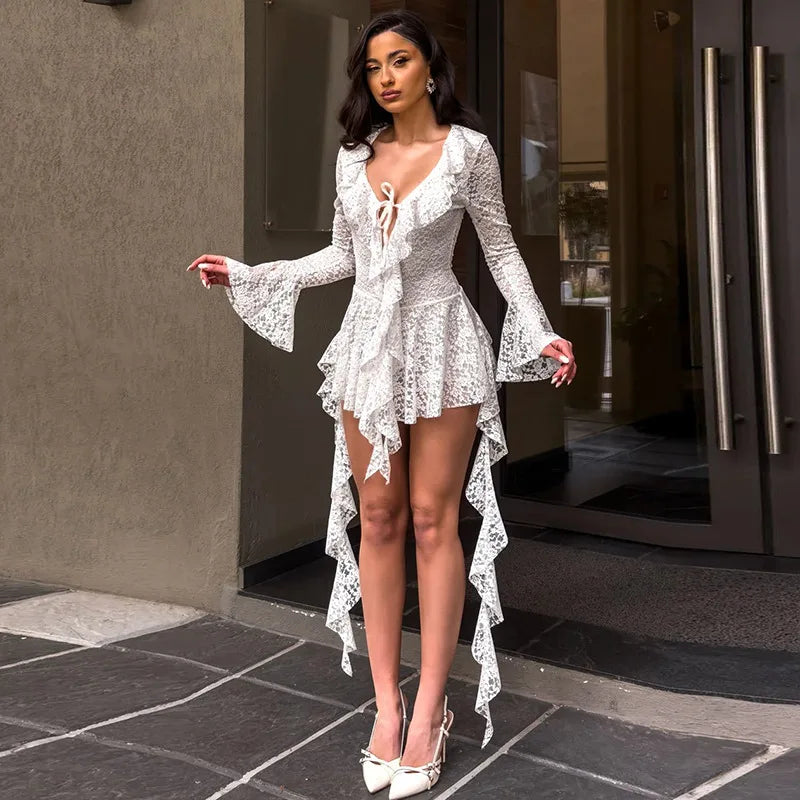 Women's V-Neck Lace Ruffled Short Dress with Flare Sleeves