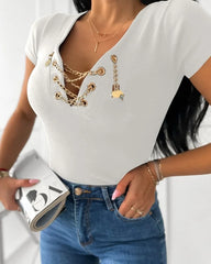 V-Neck Chain Decoration Casual Slim Fit Three-Quarter Sleeve Top