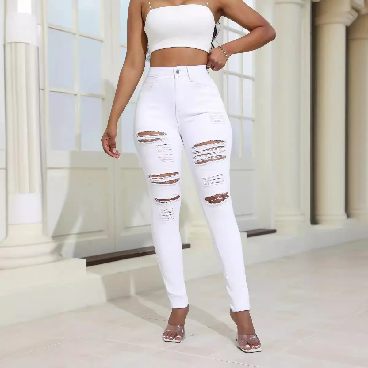 Women’s White Ripped High Waist Denim Jeans