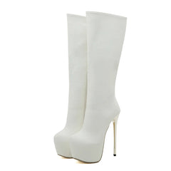 Women’s Round Toe Zip Platform Knee High Boots with Stiletto Heels