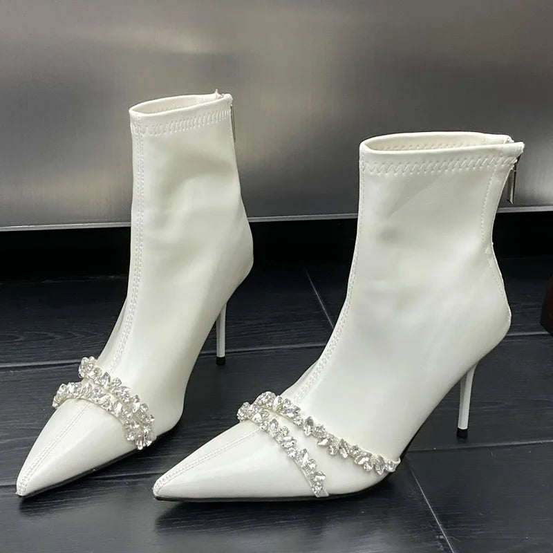 Bottines à talons hauts fins en cristal et diamant pour femmes - Bout pointu 