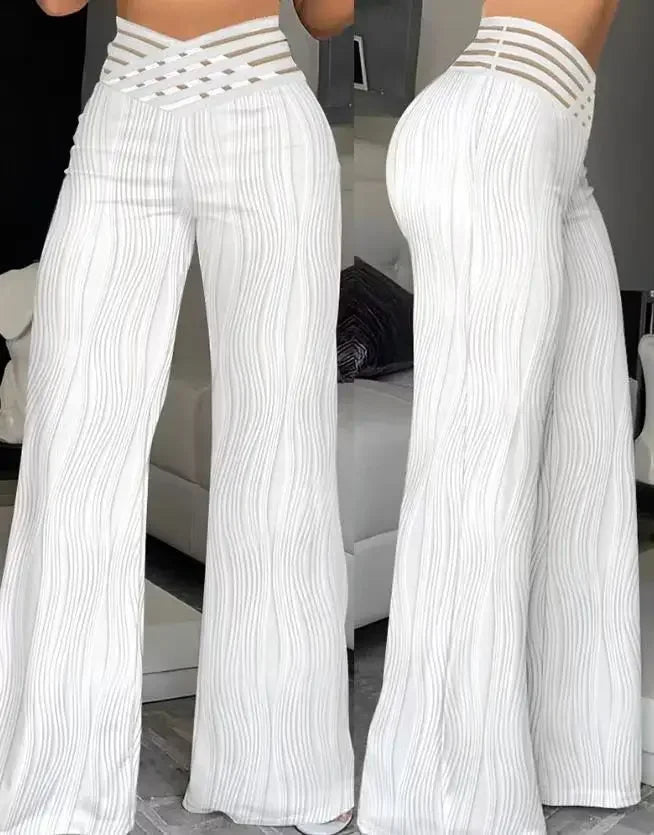 Hollow Out White Elegant Cuffed Wide Leg High Waist Pants for Women