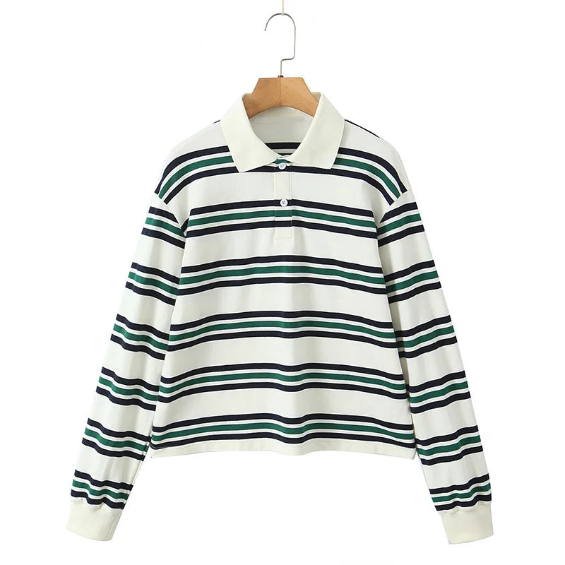 Fashion Stripe Women's Casual Long Sleeve Polo Shirt Loose Top