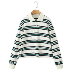 Fashion Stripe Women's Casual Long Sleeve Polo Shirt Loose Top