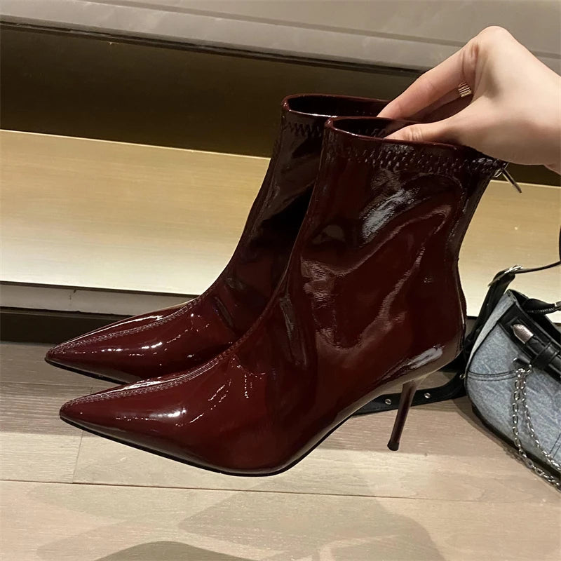 Women's Patent Leather Ankle Boots with High Heels and Zipper