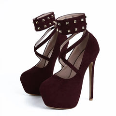 Solid Black Round Toe Metal Rivet Ankle Strap High Heels for Women