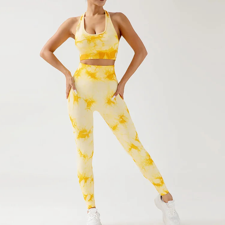 Ensemble de yoga sans coutures tie dye pêche avec pantalon rehaussant les hanches et soutien-gorge