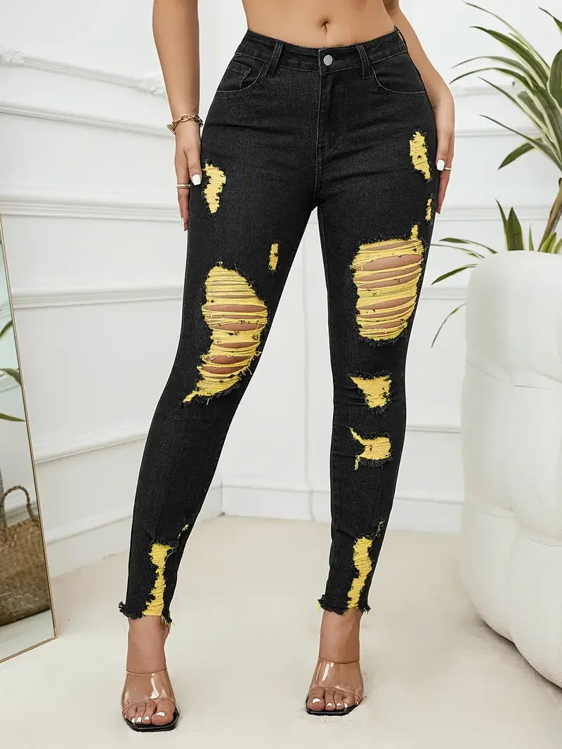 Women's Ripped High Stretch Skinny Denim Jeans in Black