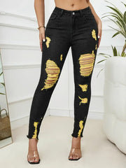 Women's Ripped High Stretch Skinny Denim Jeans in Black