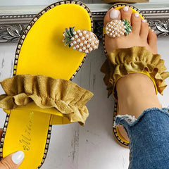 Women's Bohemian Pineapple Pearl Flat Toe Beach Sandals