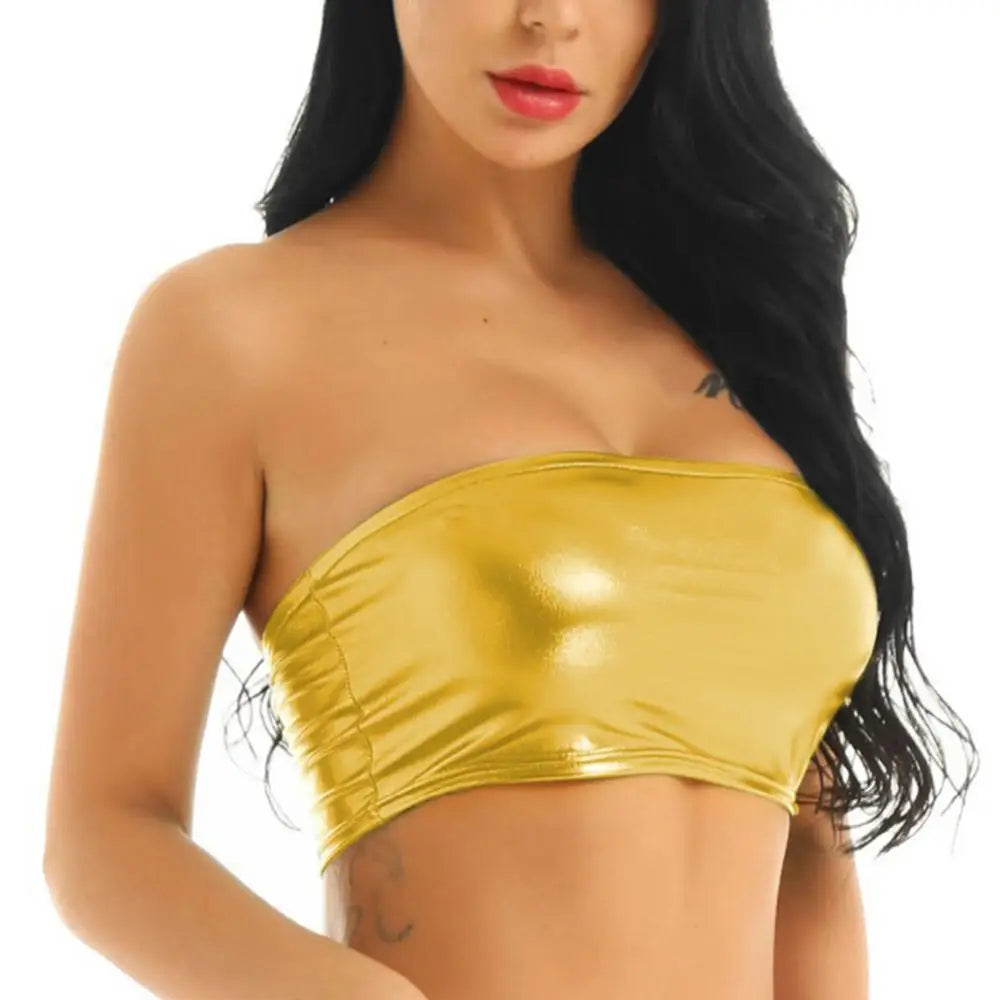 Women's Shiny Strapless Cropped Tube Top for Party and Club Wear