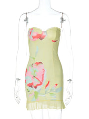 Women's Yellow Strapless Printed Wrap Mini Dress for Beach Holiday