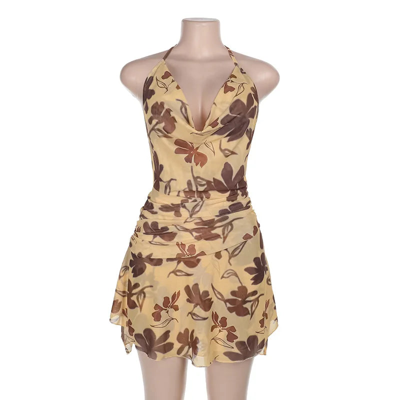 Halter Neck Ruched Beach Holiday Dress with Lace-up Backless Design