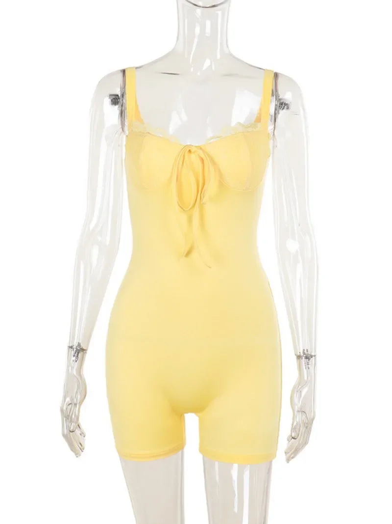 Lace Patchwork Yellow Suspender Bodysuit for Women