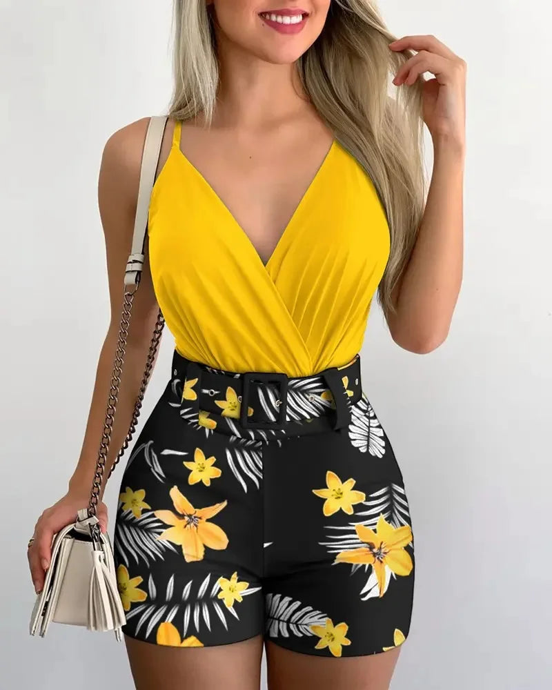 Women's Summer Floral Printed V-neck Camisole and Shorts Set