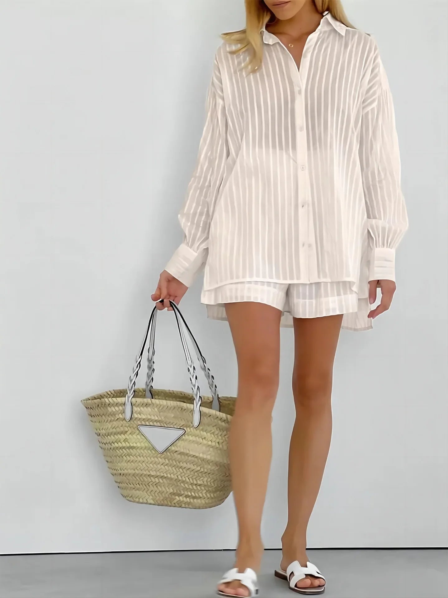 Women's Striped Bubble Sleeve Shirt Jacquard Casual Shorts Set