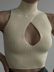 Cut-Out Knitted Tank Top – Sleeveless Turtleneck Clubwear