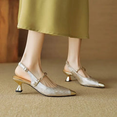 Women's Retro Pointy Low Heel Buckle Toe Sandals with Pearl Detail