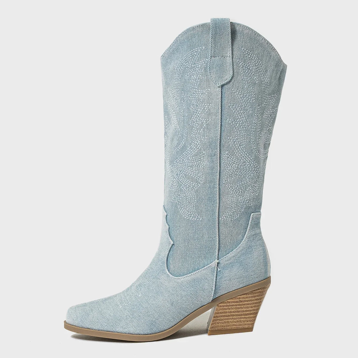 Bottes de cowboy brodées à bout pointu en denim bleu pour femmes 