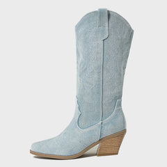 Bottes de cowboy brodées à bout pointu en denim bleu pour femmes 