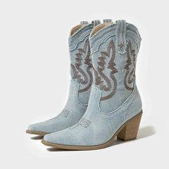 Women's Blue Embroidered Western Cowboy Ankle Boots Plus Size