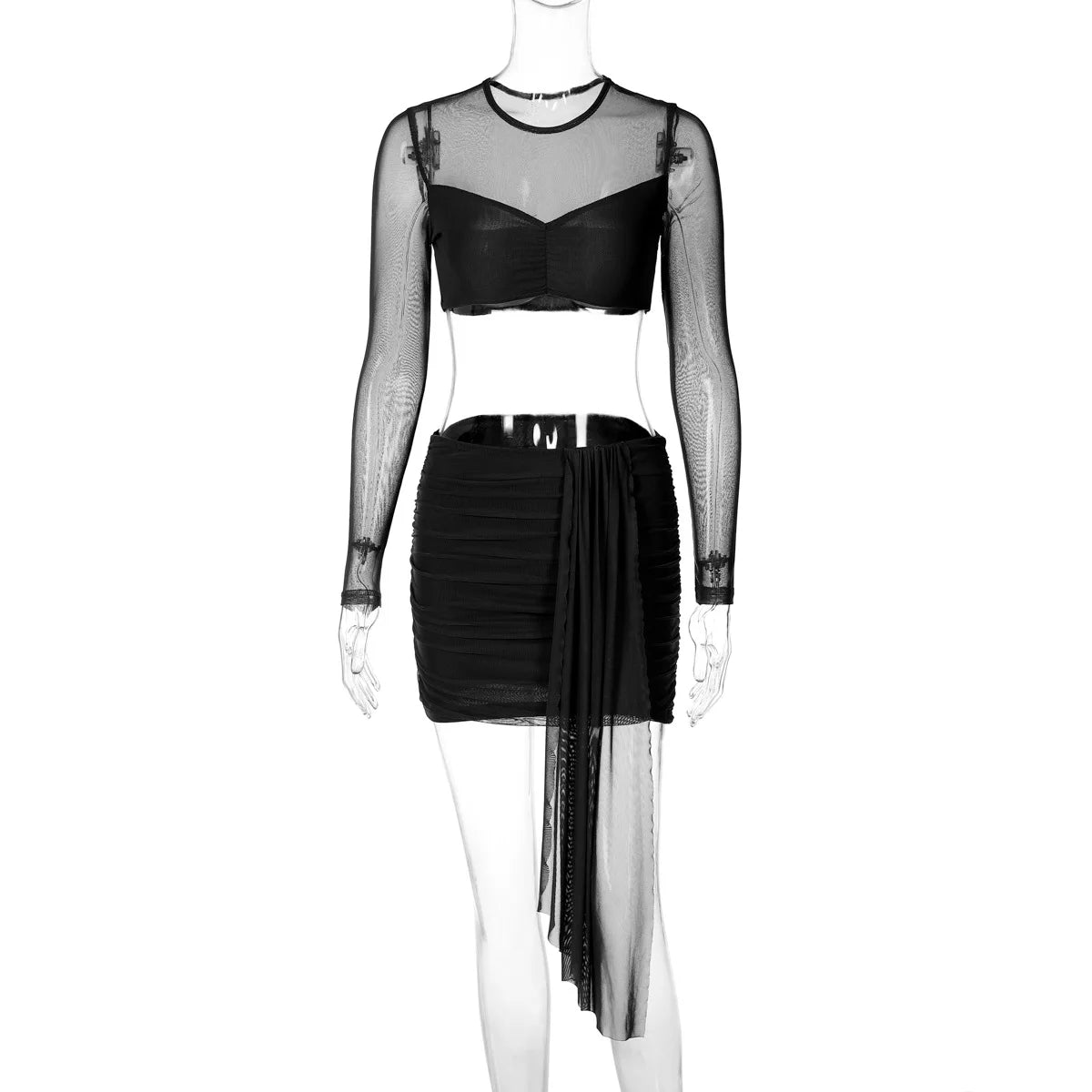 Women's Mesh Patchwork Cropped Top and Bandage Skirt Set