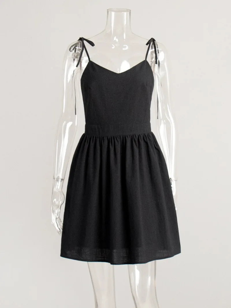 Women's Black Backless Cotton A-Line High Waist Short Dress