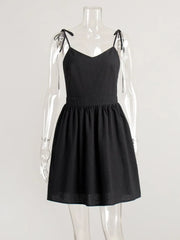 Women's Black Backless Cotton A-Line High Waist Short Dress