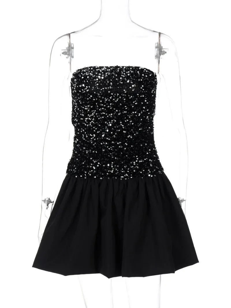 Black White Sequins Patchwork Ruched Mini Dress for Night Out