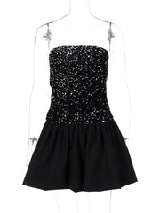 Black White Sequins Patchwork Ruched Mini Dress for Night Out