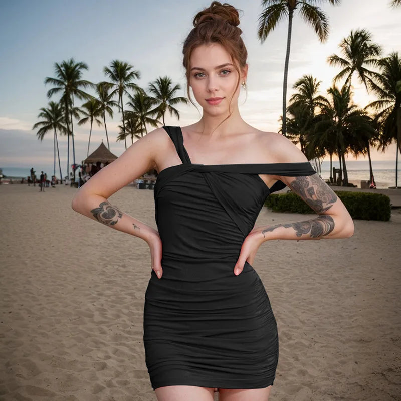 One Shoulder Ruched Asymmetrical Red Black Dress for Parties